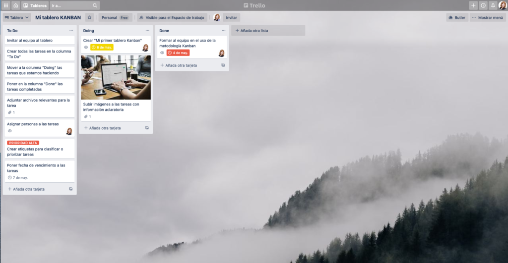 Tablero Kanban realizado con Trello