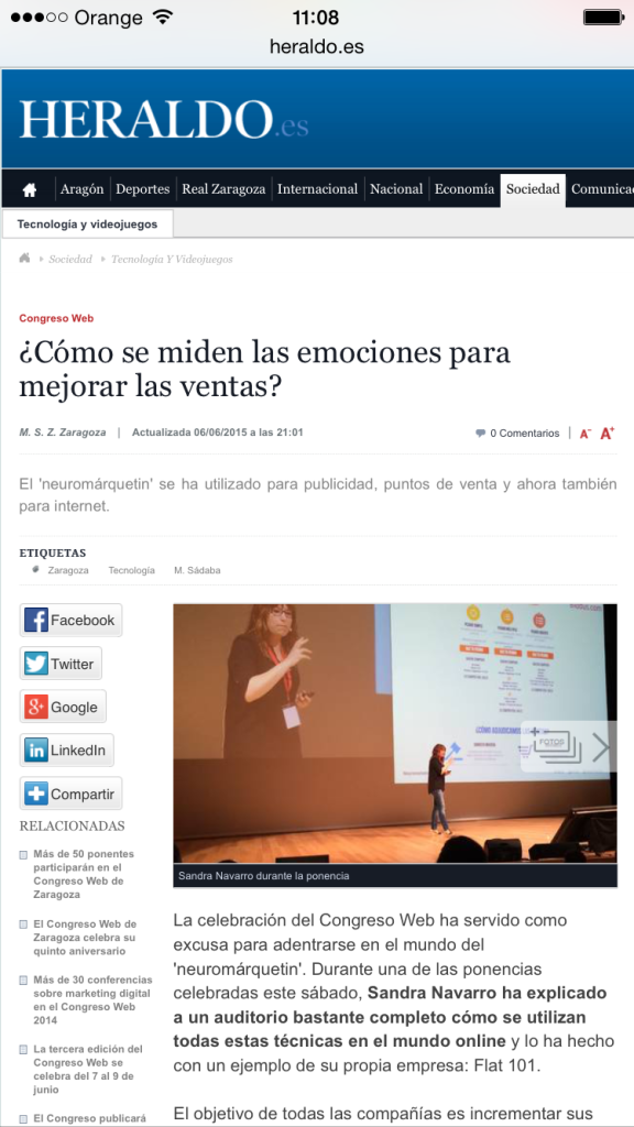 Captura del artículo publicado por el Heraldo Digital el 6 de Junio de 2015 acerca de la ponencia de Sandra Navarro acerca del Neuromarketing