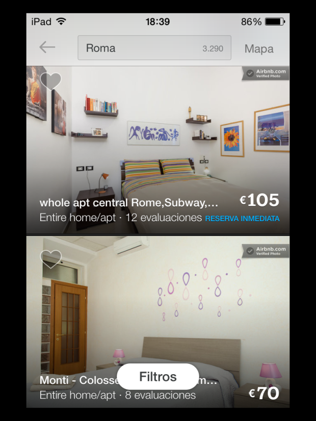 airbnb, resultado de búsqueda en ipad