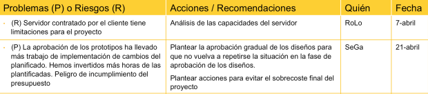 Detalle de los problemas y riesgos identificados en el proyecto.